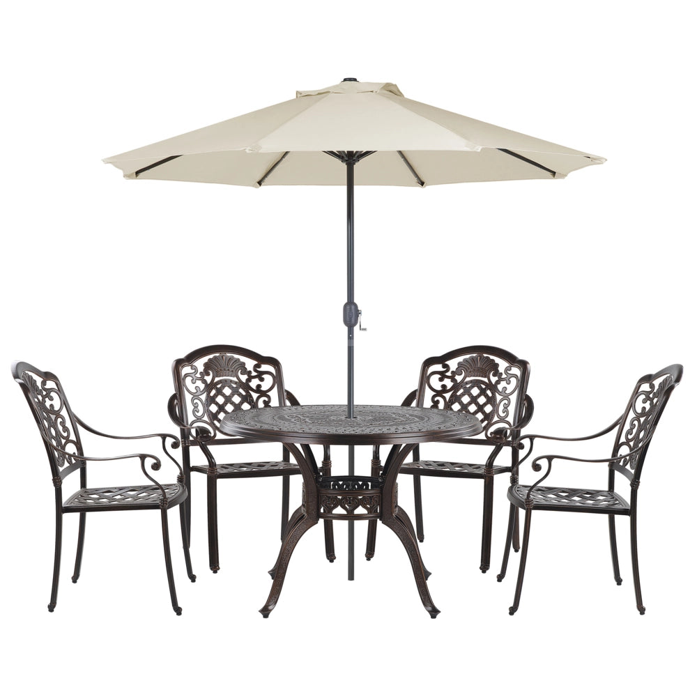 Set da pranzo da giardino Tavolo da esterno in alluminio marrone 4 sedie e ombrellone Cuscini di seduta in stile retrò