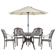 Set da pranzo da giardino Tavolo da esterno in alluminio marrone 4 sedie e ombrellone Cuscini di seduta in stile retrò