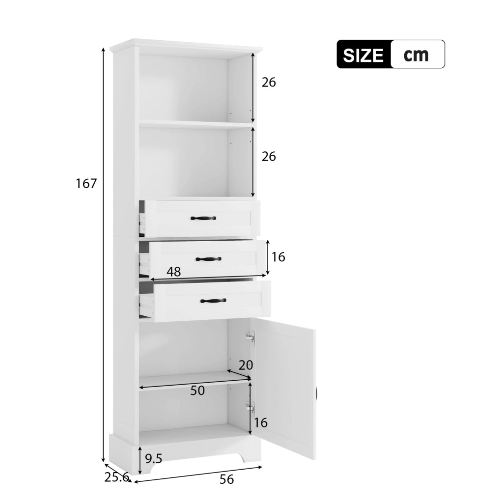 Armadietto da bagno con 1 anta 3 cassetti e vani aperti con ripiani regolabili in MDF bianco 56 × 25,6 × 167 cm