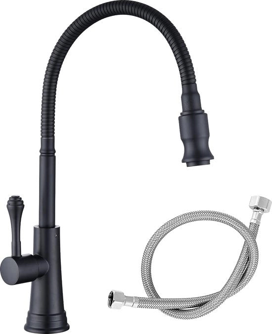 Kraan per acqua fredda, nero, cucina, 360 gradi girevole, acqua fredda, rubinetto, solo acqua fredda, attacco per lavabo con tubi di connessione da 50 cm, acciaio inossidabile, rubinetto per cucina per giardino e outdoor
