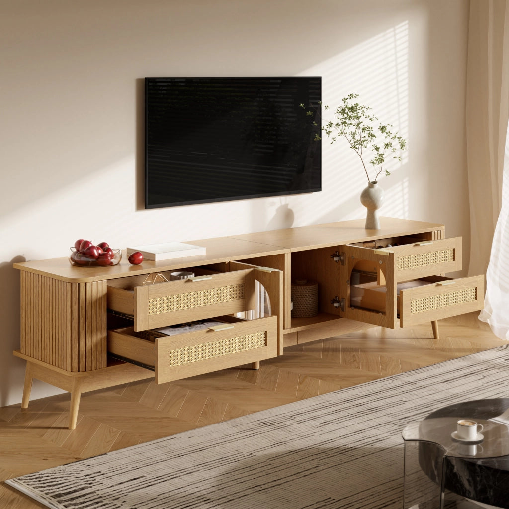 Mobile porta TV con 4 cassetti, 2 ante in vetro temperato, LED con app, in truciolare, naturale, 180 × 40 × 50 cm