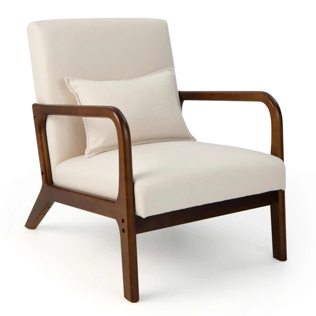 Poltrona imbottita con cuscino lombare e telaio in legno di gomma-Sedia lounge con piedini antiscivolo Beige