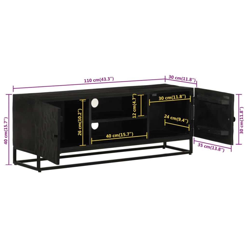 Mobile TV Nero 110x30x40 cm in Legno Massello di Mango e Ferro 372007