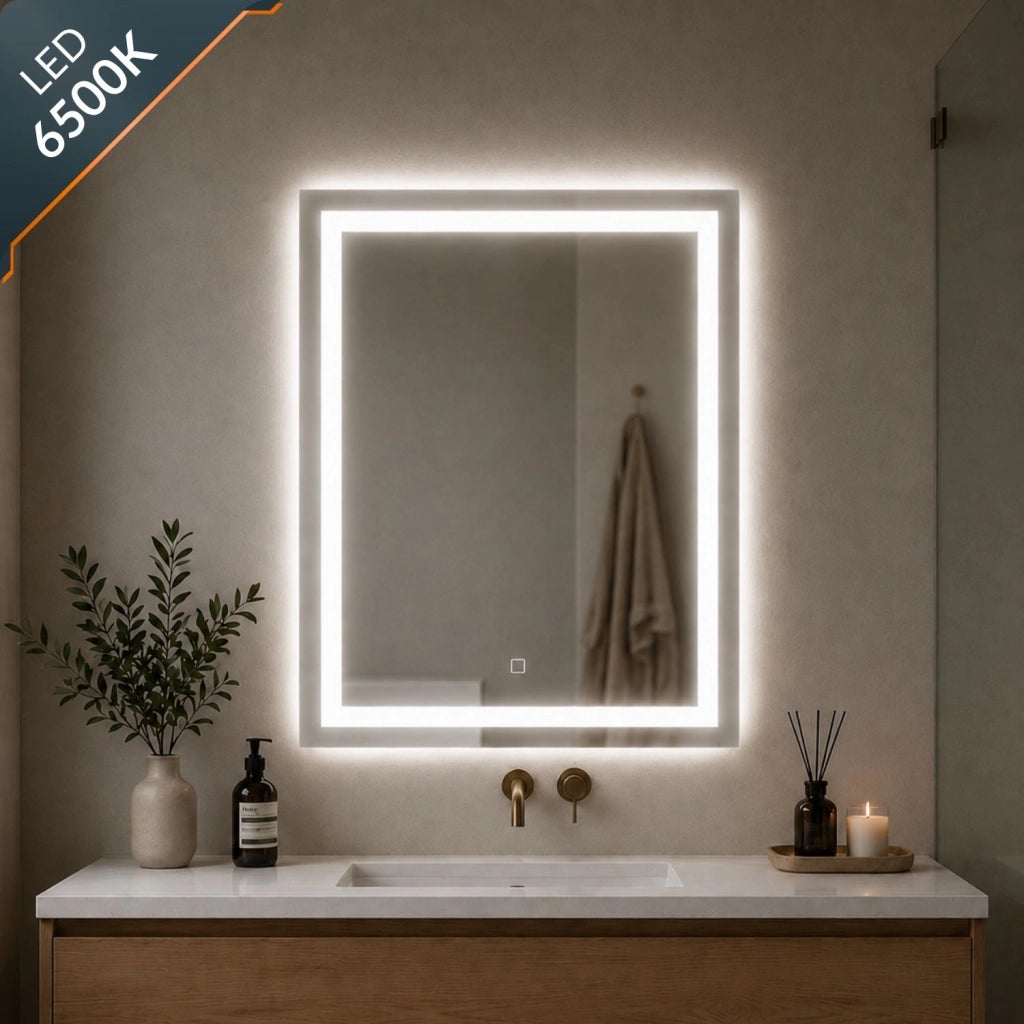 Specchio da bagno ed ambienti rettangolare con cornice led e interruttore touch *** misure 70x90 cm, tonalità standa...
