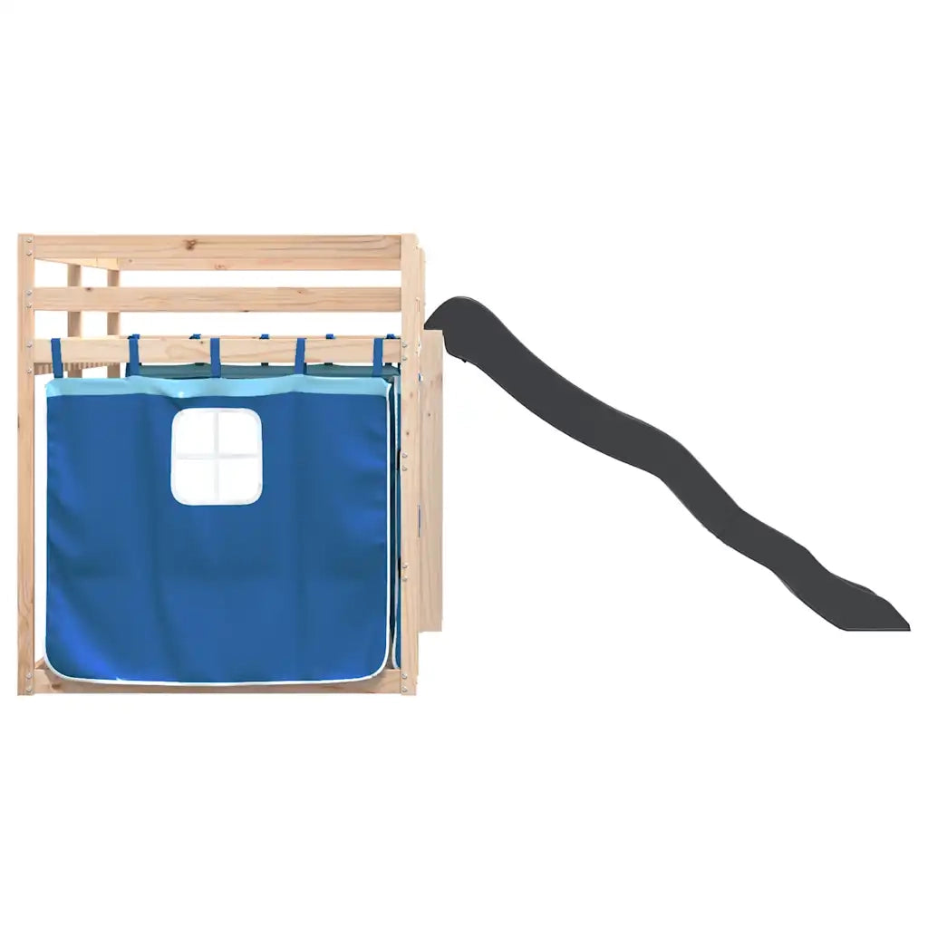 Letto singolo | Letto per adulti | Letto a Castello con Scivolo e Tende Blu 80x200 cm