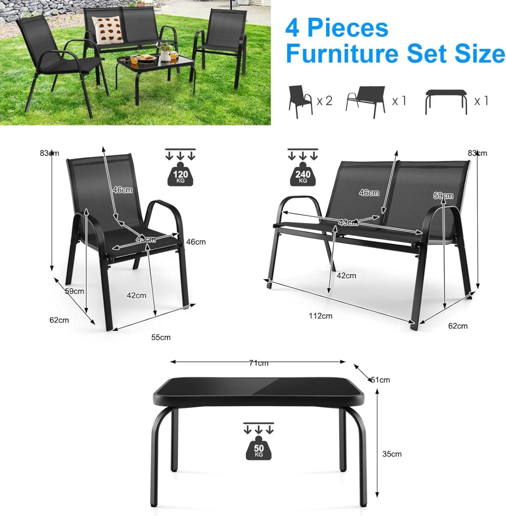 Set Mobili da Giardino da 1 Tavolino in Vetro Temperato 2 Poltrone e 1 Divano a 2 Posti, Moderno Set di Mobili da Giardino per Balcone, Cortile, Piscina, Grigio