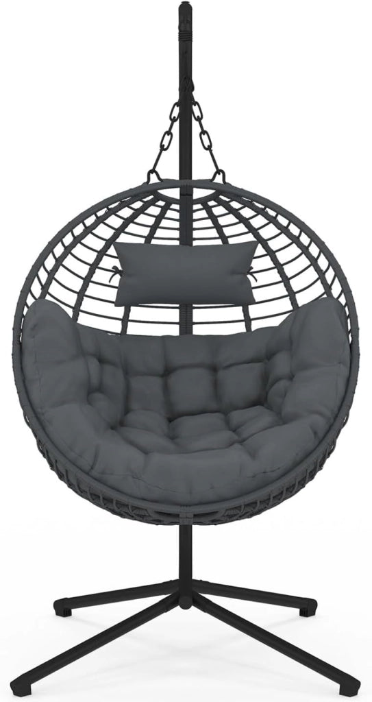 Poltrona Rotonda Traforata con Effetto Rattan Grigio e Cuscino Grigio