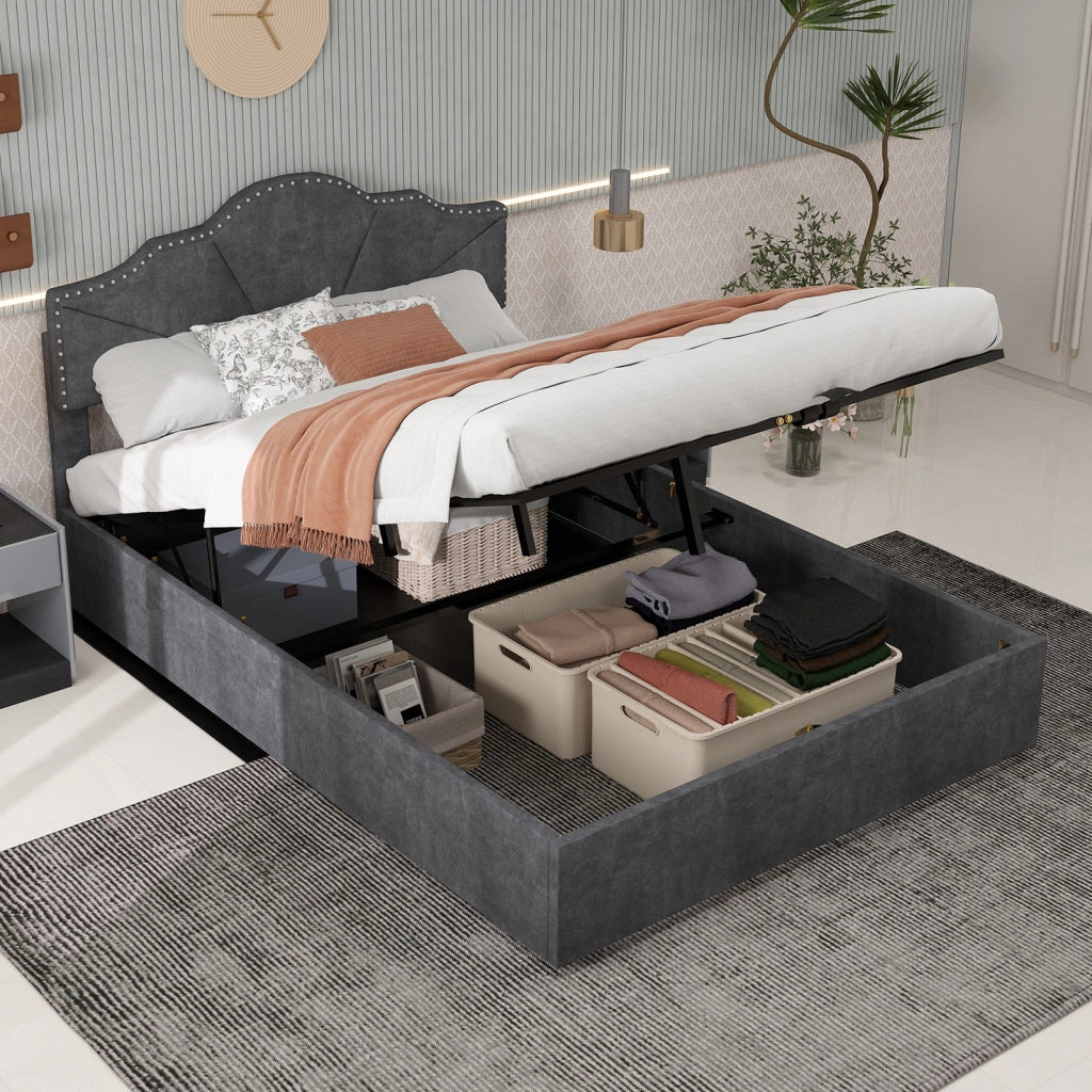 Letto Contenitore Imbottito ¨C MINIMAL ¨C Grigio 160x200 con Testiera, Doghe e Sollevamento Idraulico