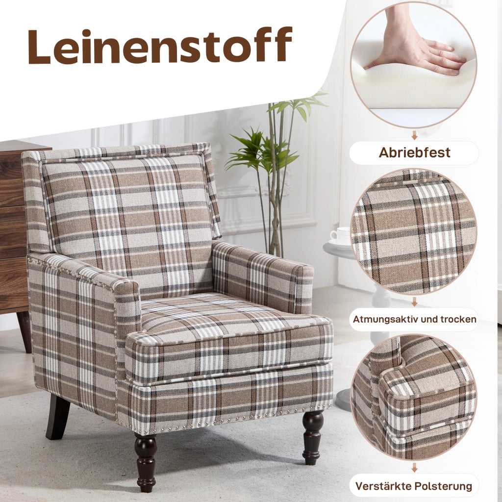 Poltrona Vintage ¨C MINIMAL ¨C Tessuto Lino Marrone con Borchie, Soggiorno