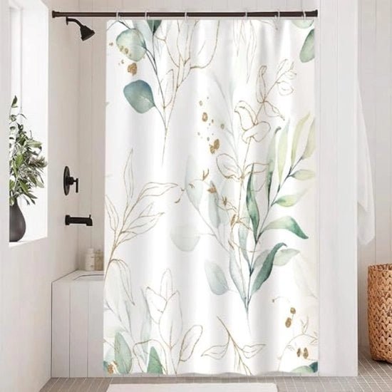 Douchegordijn con foglie di eucalipto, verde-oro, 120x200 cm, impermeabile, antimuffa, poliestere, lavabile, opaco, con 8 ganci