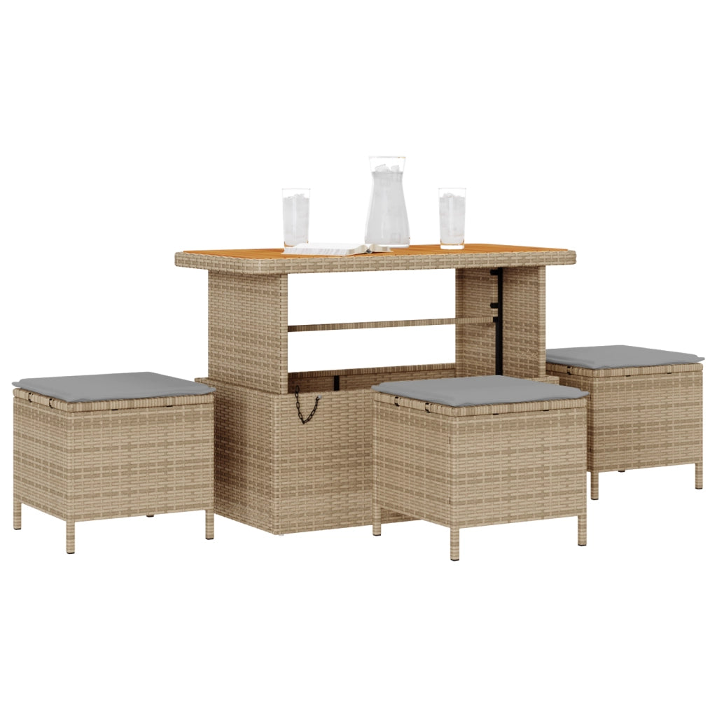 Set da Pranzo da Giardino in 4 Pezzi con Cuscini Beige Polyrattan Acacia