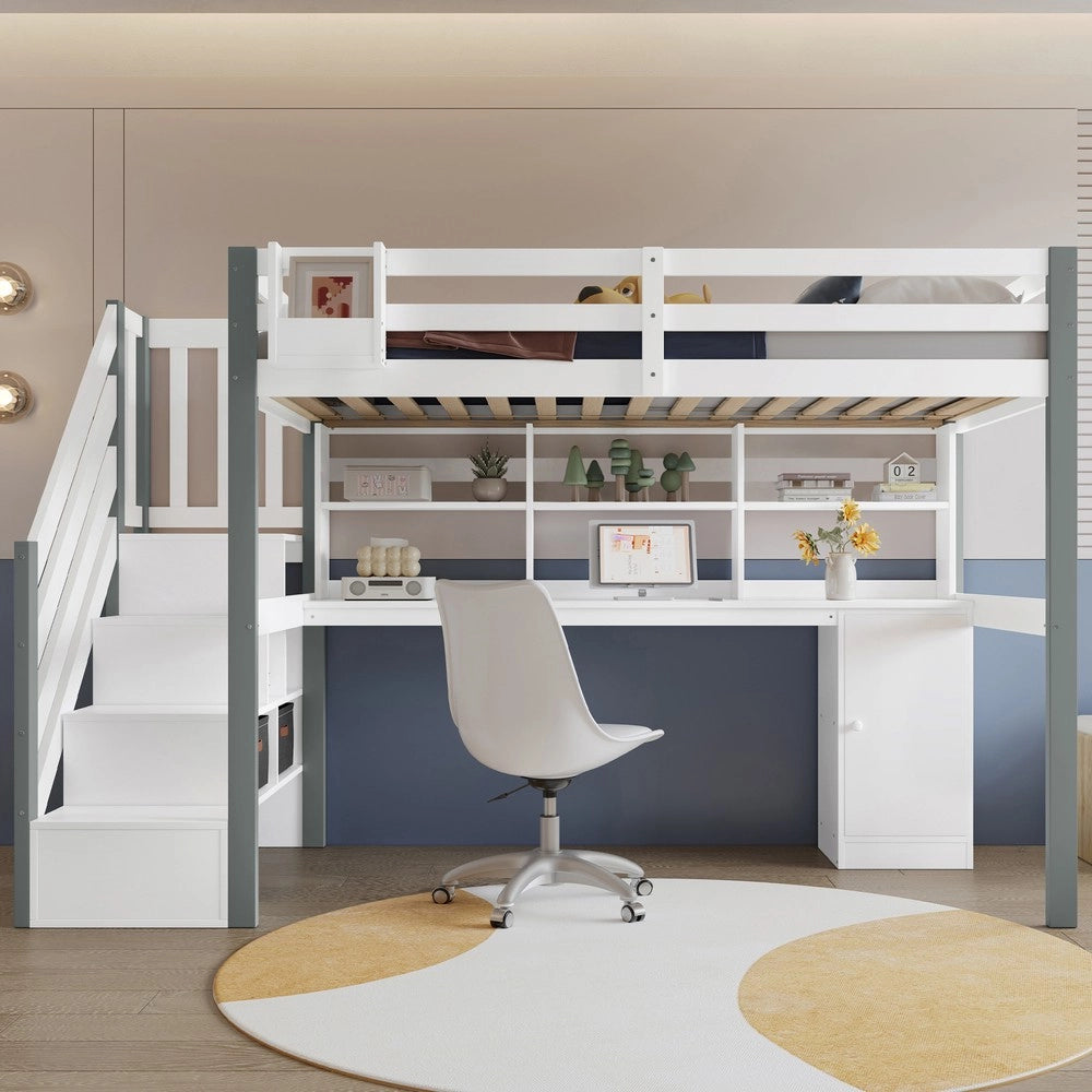 Letto a Soppalco con Scrivania e Contenitore ¨C MINIMAL ¨C Pino e MDF, Bianco e Grigio, 90x200