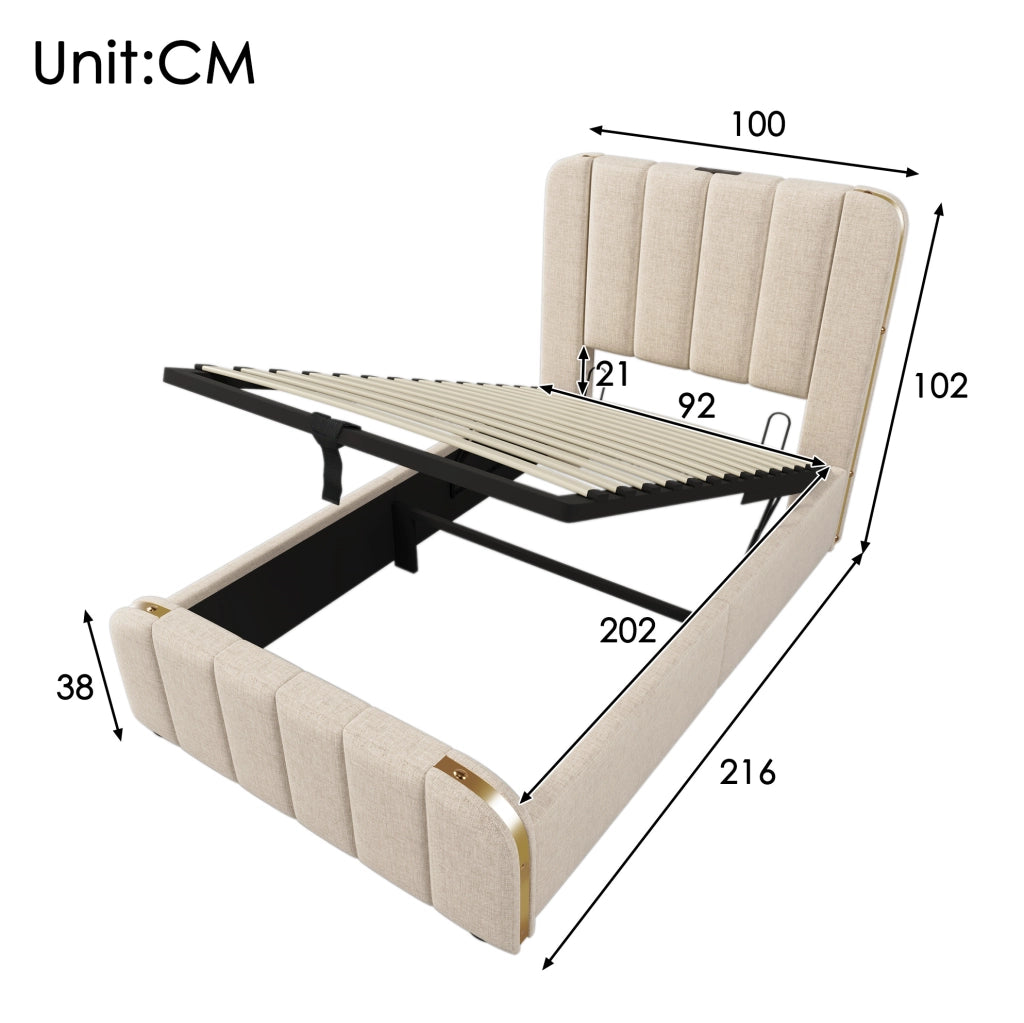 Letto singolo contenitore 90x200 cm con USB C e USB; testiera imbottita in lino beige