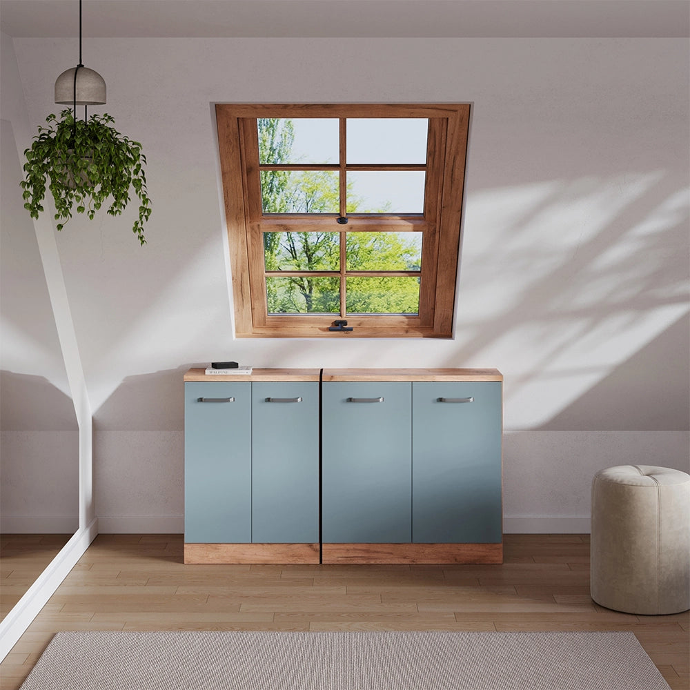 Set di mobili sottotetto Rion Grigio-blu/Rovere dorato 140 cm Set di 2 carcasse armadio profondità 60 cm Vicco