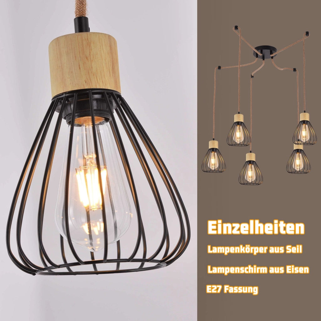 Lampada a Sospensione ZMH nera retro in corda di canapa e legno E27 per sala da pranzo