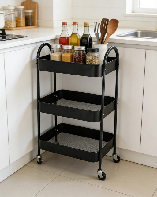 Carrello Multiuso 44,5x30,5x78,5 cm Nero in Acciaio al Carbonio a 3 Ripiani con Ruote 360°