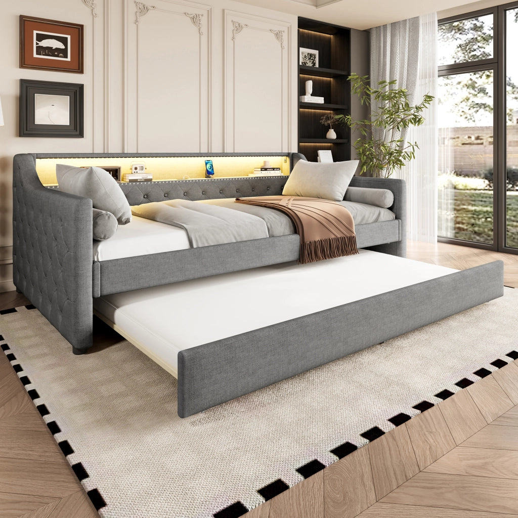 Letto singolo 90×200 cm con LED; USB e letto estraibile; senza materasso; lino; grigio