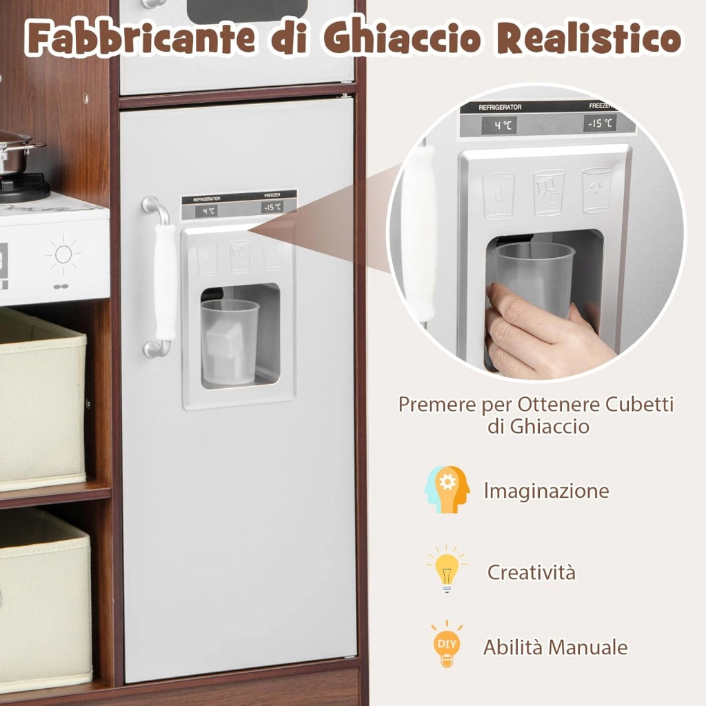 Cucina Giocattolo per Bambini, Cucina Legno per Bambini con Frigorifero, Macchina del Ghiaccio, Forno, Microonde, Lavello e Rubinetto, Funzione Luci e Suoni, per Bambini 3 Anni+