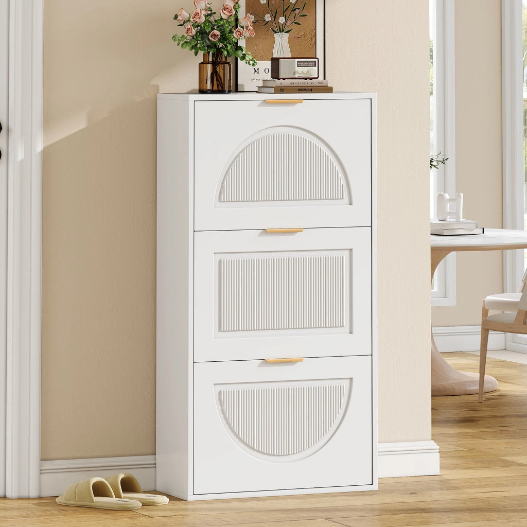 Scarpiera stretta con 3 ante ribaltabili e ripiani regolabili in MDF e truciolare bianca per ingresso 60 × 24 × 114 cm