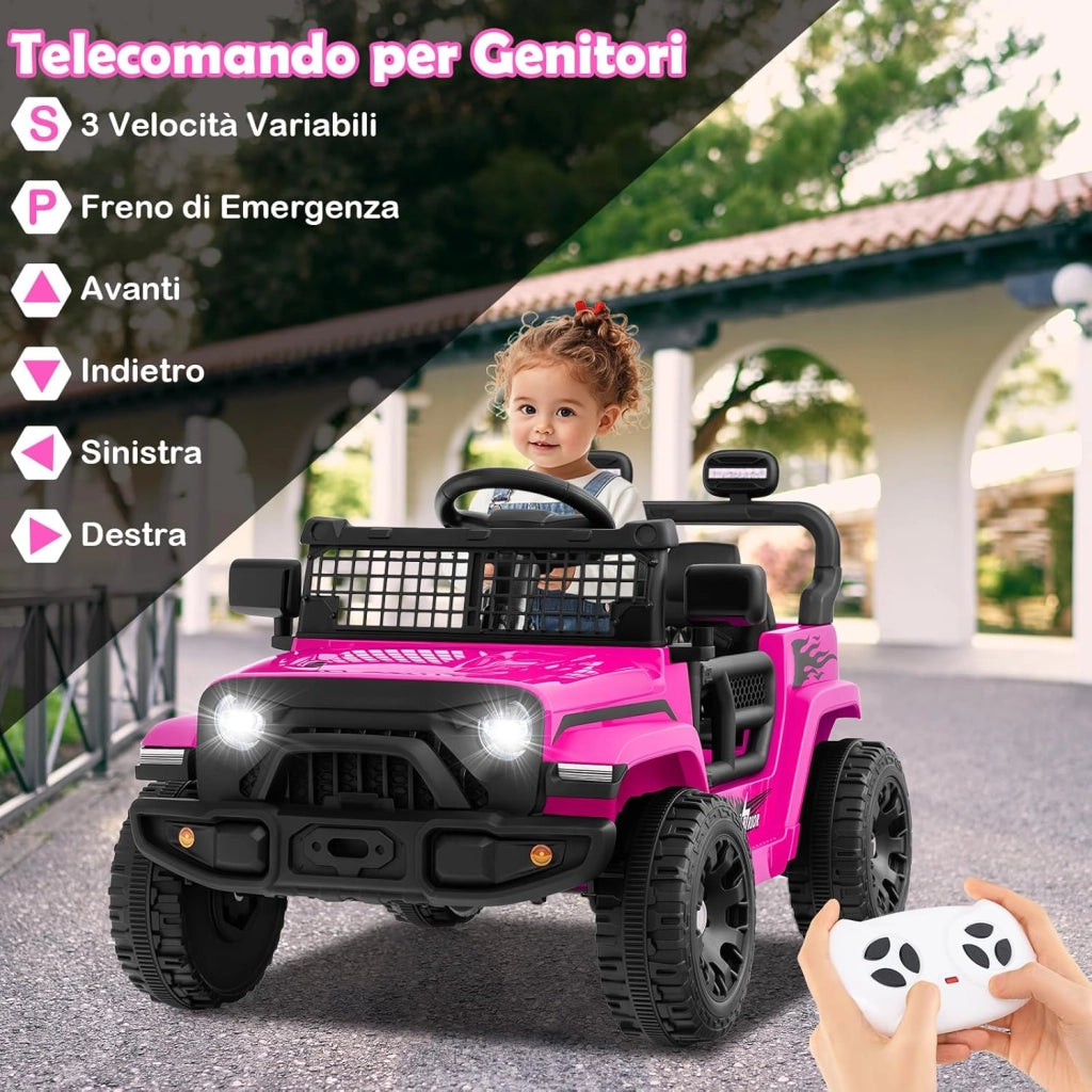 12V Macchina elettrcia per Bambini, Auto con Telecomando 3 Velocità Luci LED Musica, Doppi Motori, Veicolo Elettrico per Bambini 3+ Anni, Carico 30 kg (Rosa)