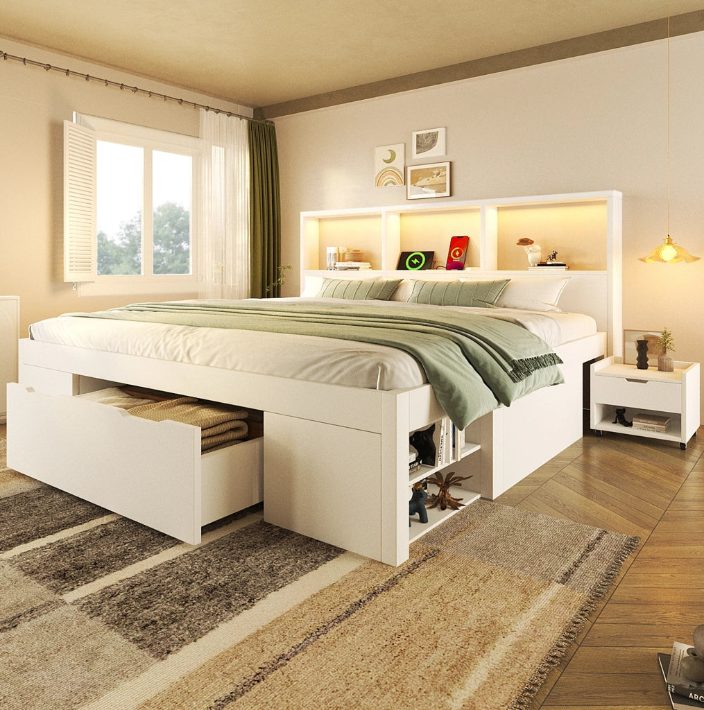Letto matrimoniale 140x190 cm bianco con comodini mobili, LED, USB-C e cassetto