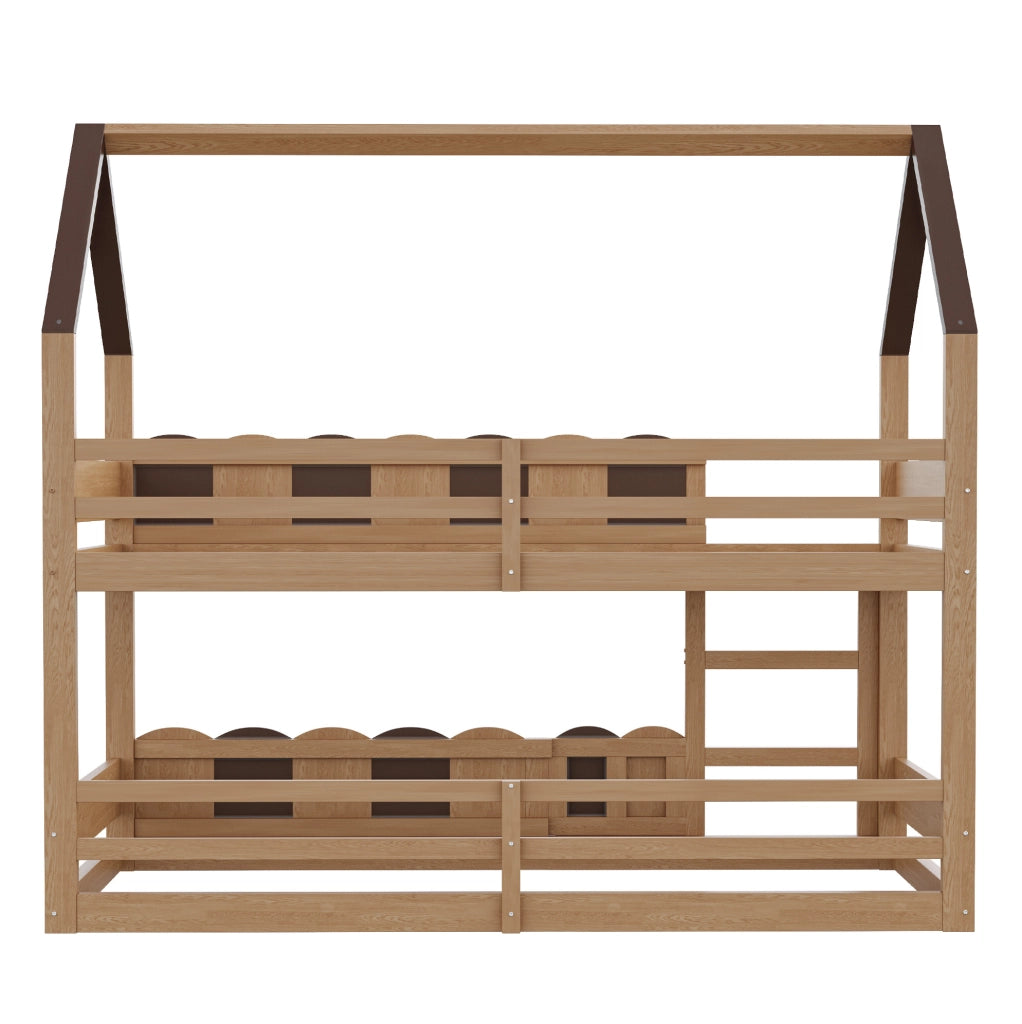 Letto a castello per bambini a forma di casa 90x200 cm in legno naturale con sbarre di sicurezza