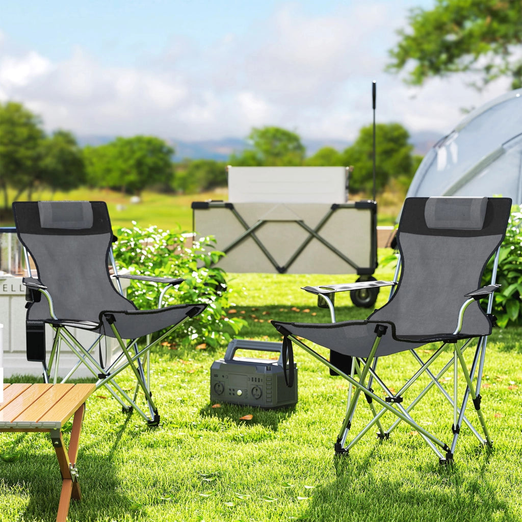 Set 2 Sedie da Campeggio 82x50-100x88 cm Pieghevoli con Poggiapiedi e Portabicchieri in Tessuto Oxford Grigio