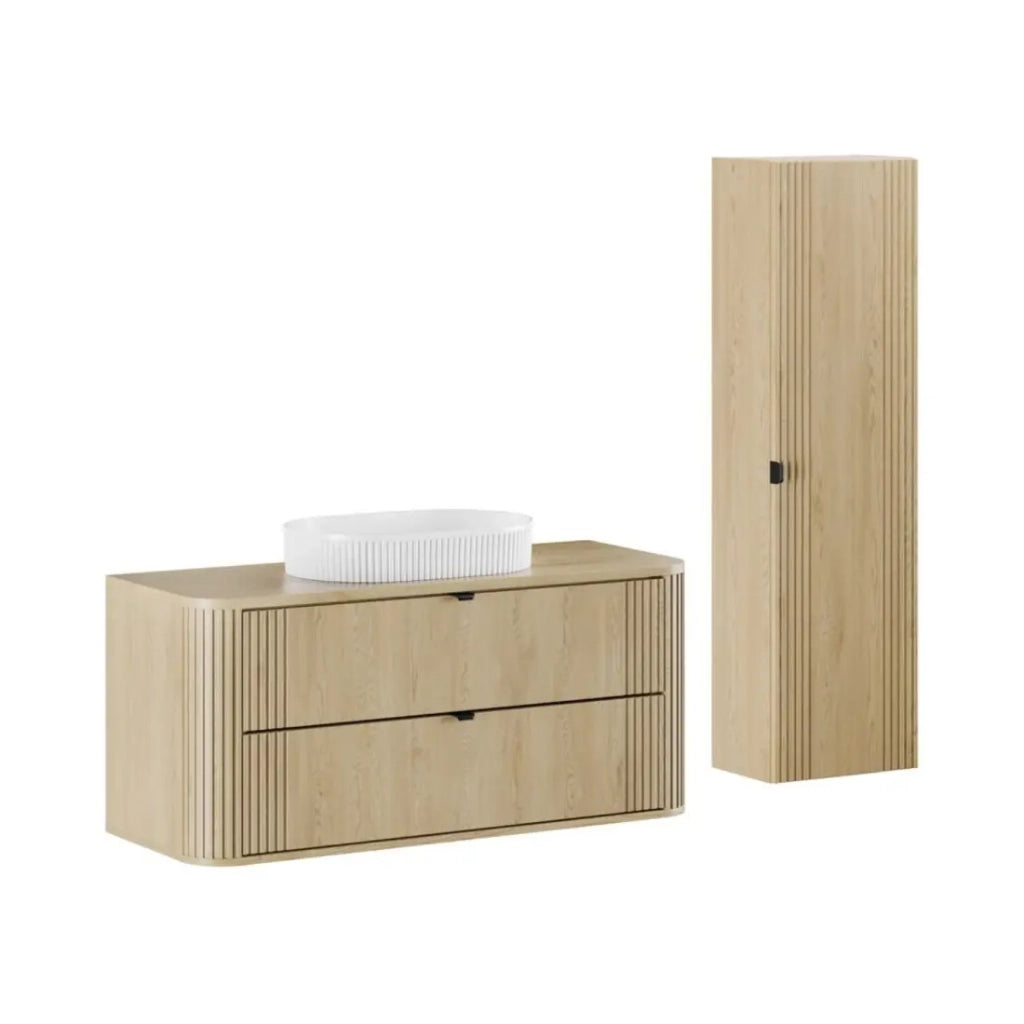 Set da bagno KORI: mobile sottolavabo 120 cm + piano per lavabo + lavabo da appoggio + colonna di contenimento