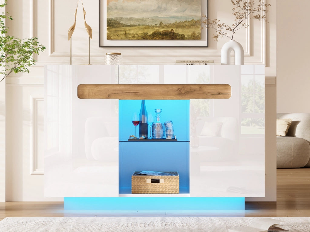 Credenza con LED e 4 vani, ripiani in vetro regolabili, per soggiorno e cucina, bianco naturale, 120 × 40 × 80 cm