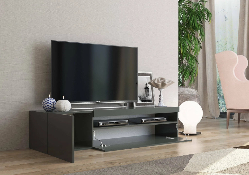 Mobile da soggiorno Porta Acrilya, Made in Italy, Credenza per Acrilya a 2 ante, Porta Acrilya da salotto, cm 150x40h37, Antracite lucido, con luce LED blu