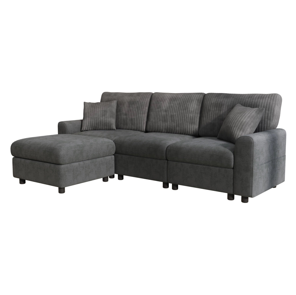 Divano con pouf; USB e Type-C; 223×146×84 cm; ciniglia e velluto a coste; grigio