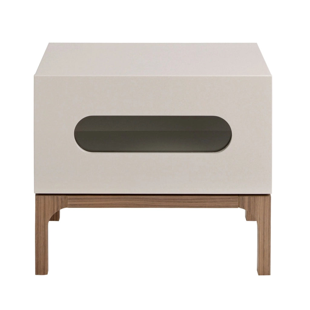 Comodino in legno grigio e noce con illuminazione interna