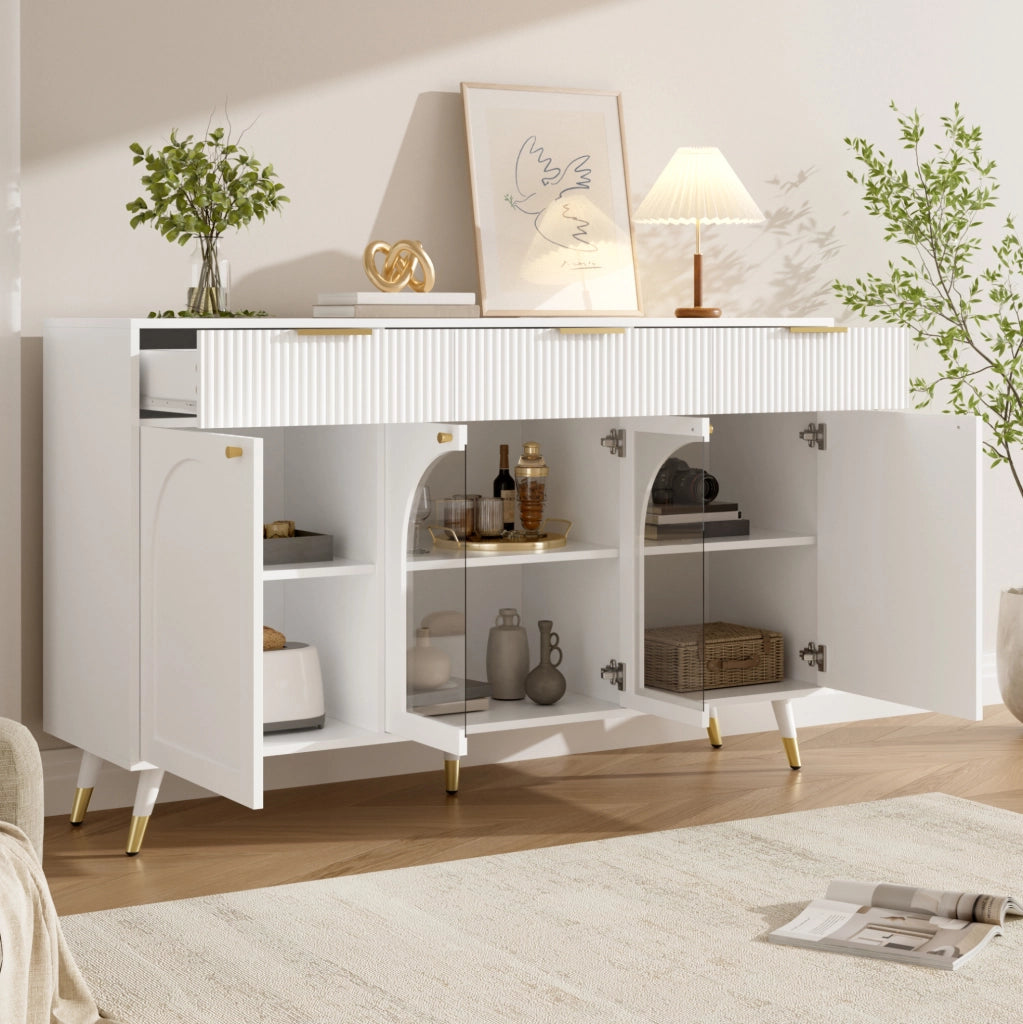 Credenza con 4 ante e 3 cassetti; inserti in acrilico; 140x40x85;5 cm; bianca
