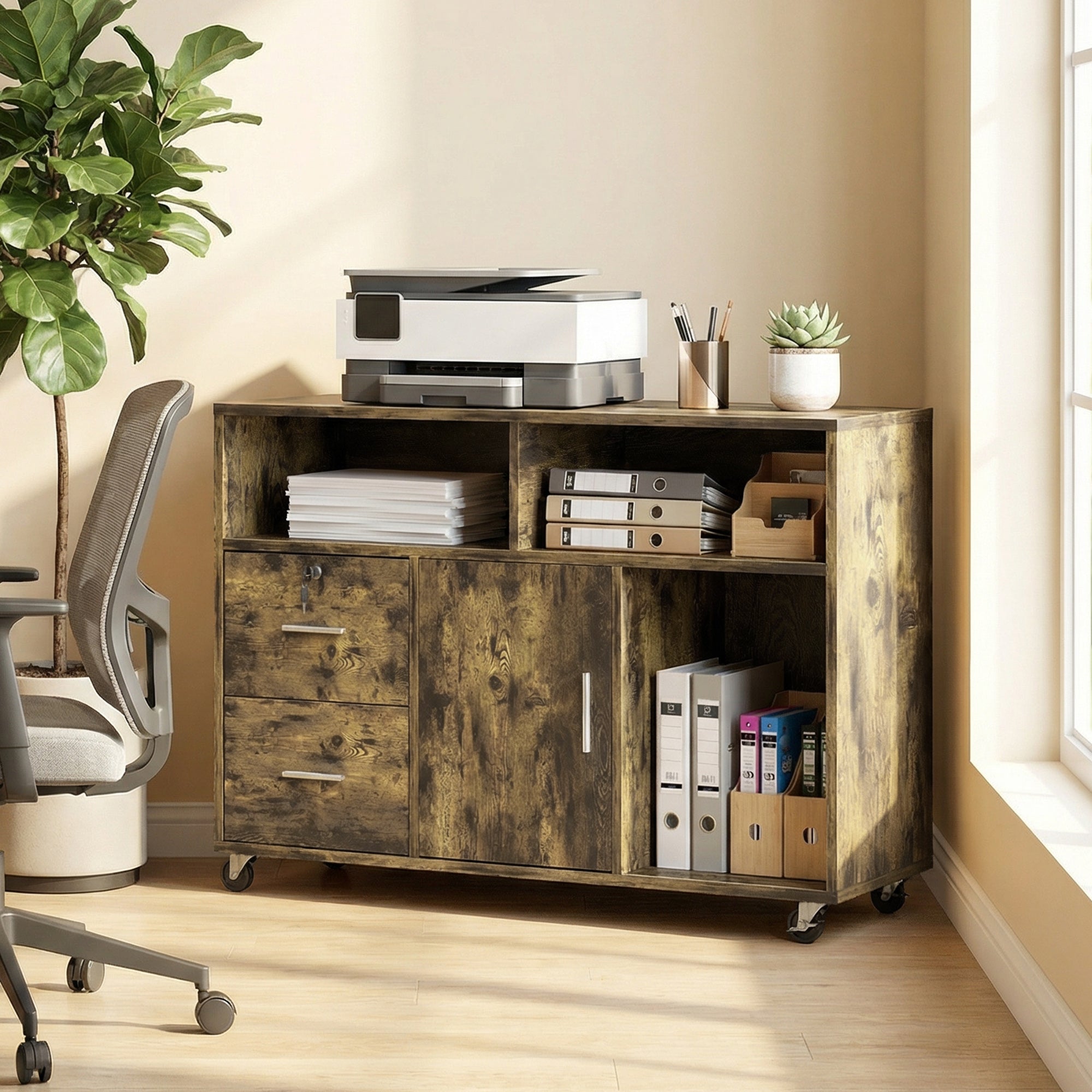 Mobile Porta Stampante 100x35x65 cm a Rotelle con 2 Cassetti 3 Ripiani e 2 Armadietti in Legno Marrone