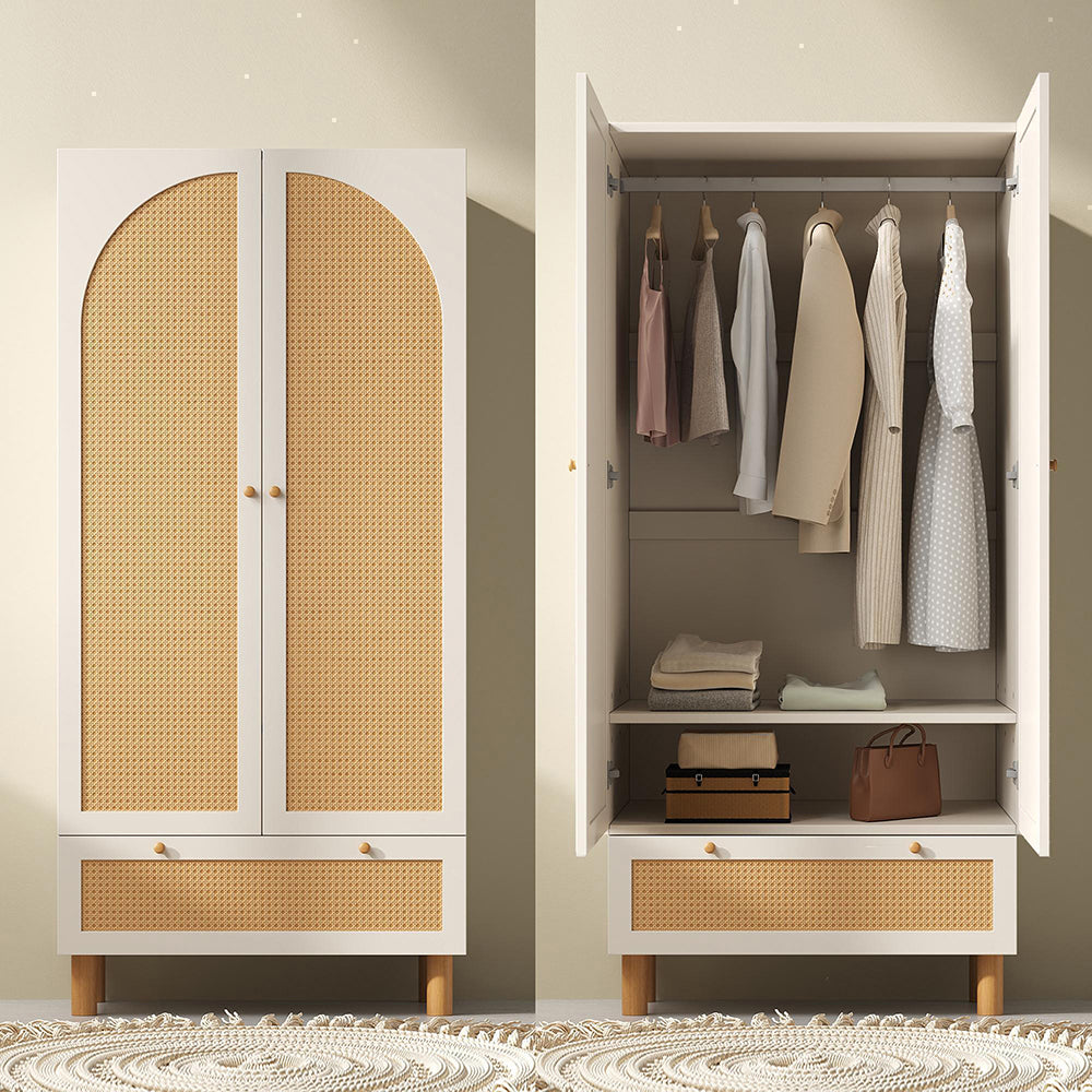 Armadio guardaroba 2 ante con vimini - Xylo - stile cottage, grande cassetto, ripiani regolabili, bianco, 180x85x52 cm