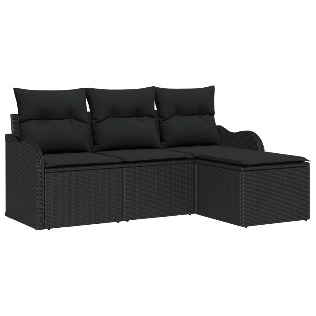 Set di Divano da Giardino  in 4 Pezzi con Cuscini Rattan Poliestere Nero