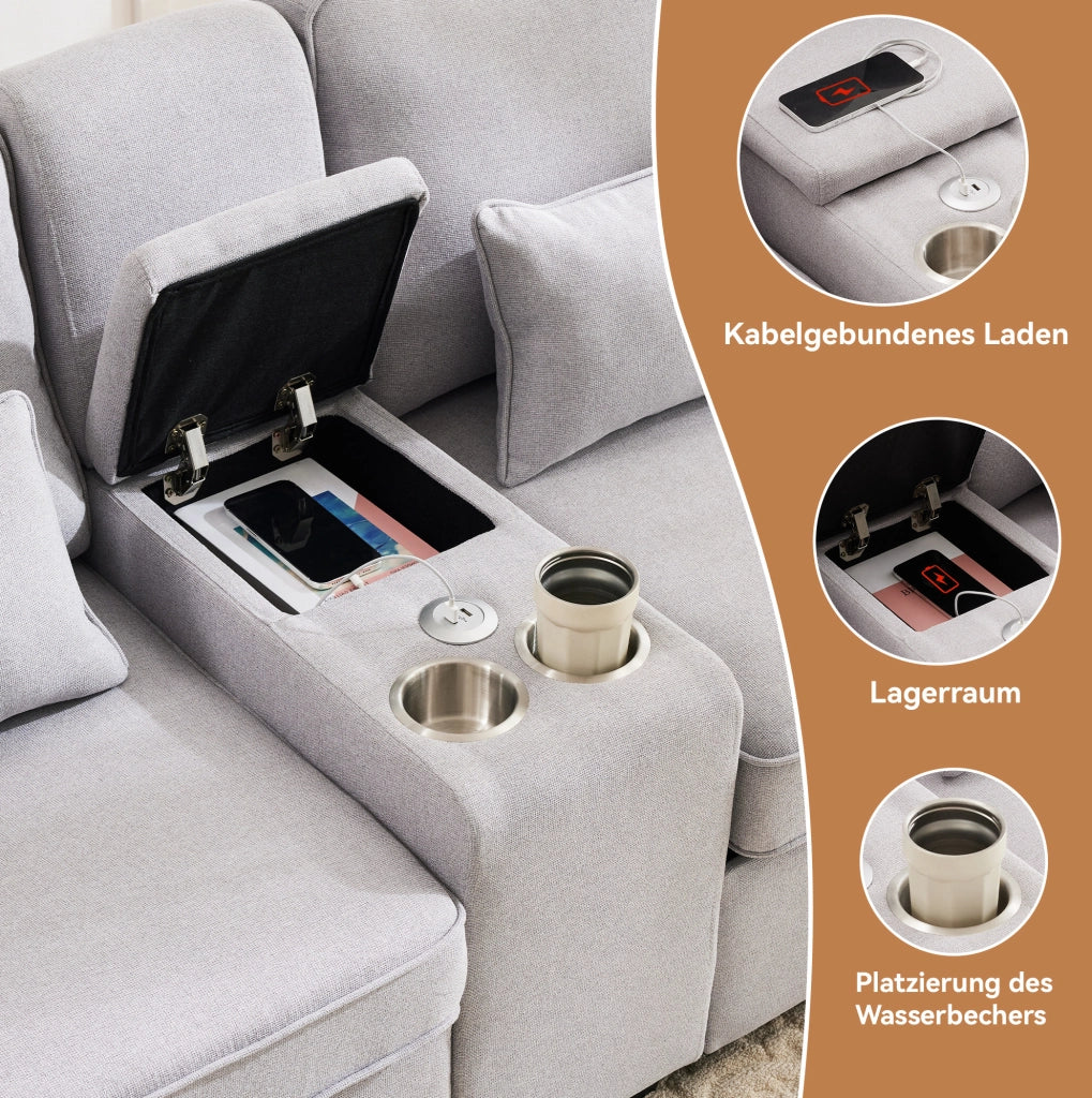 Divano 4 posti 290x83x88 cm con USB; portabicchieri e vani; tessuto grigio