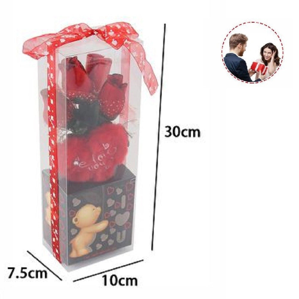 Trade Shop - Cuore In Peluche Con Fiori Confezione Regalo Per San Valentino 10x7.5x30cm 63301 -