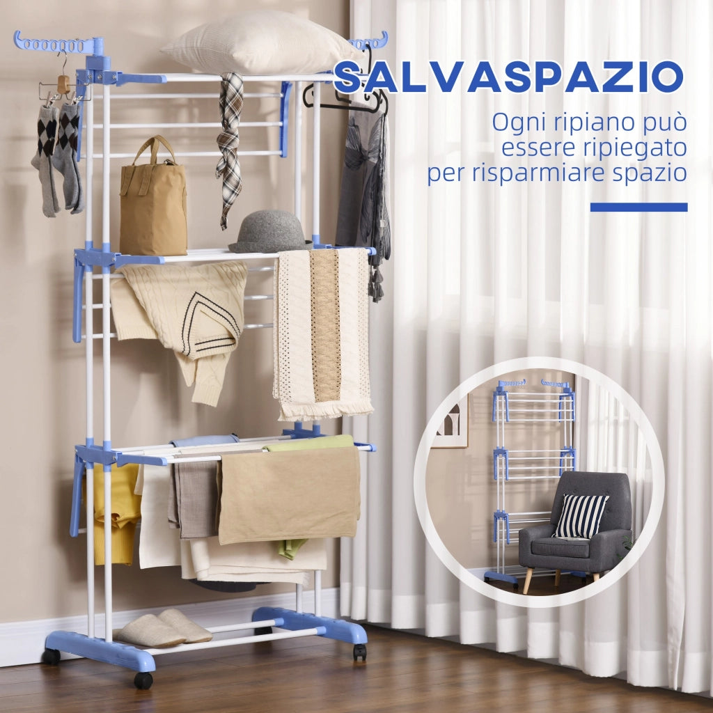 Stendibiancheria Pieghevole 73x64x177 cm 4 Livelli in Acciaio e PP Bianco e Argento