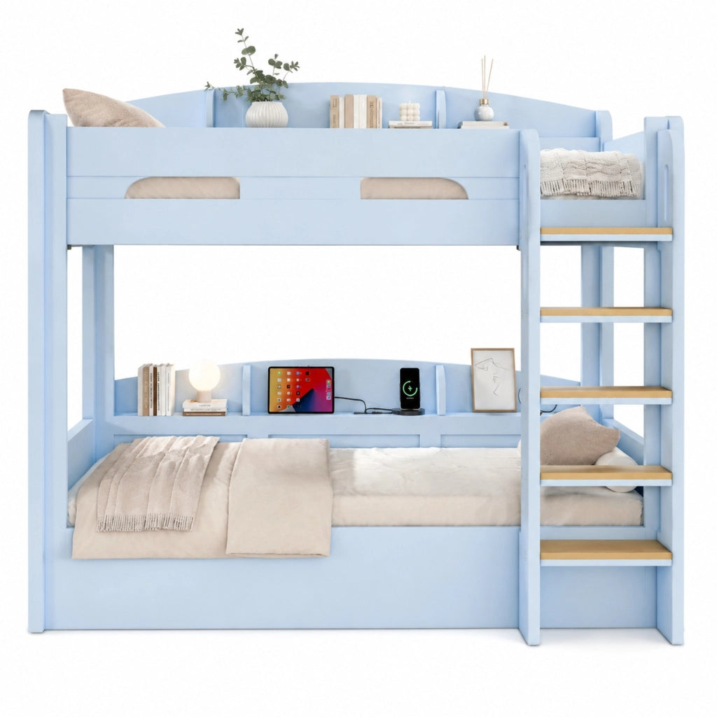 Letto a castello due posti 90 × 200 cm con presa USB e ripiani laterali in legno e MDF blu chiaro
