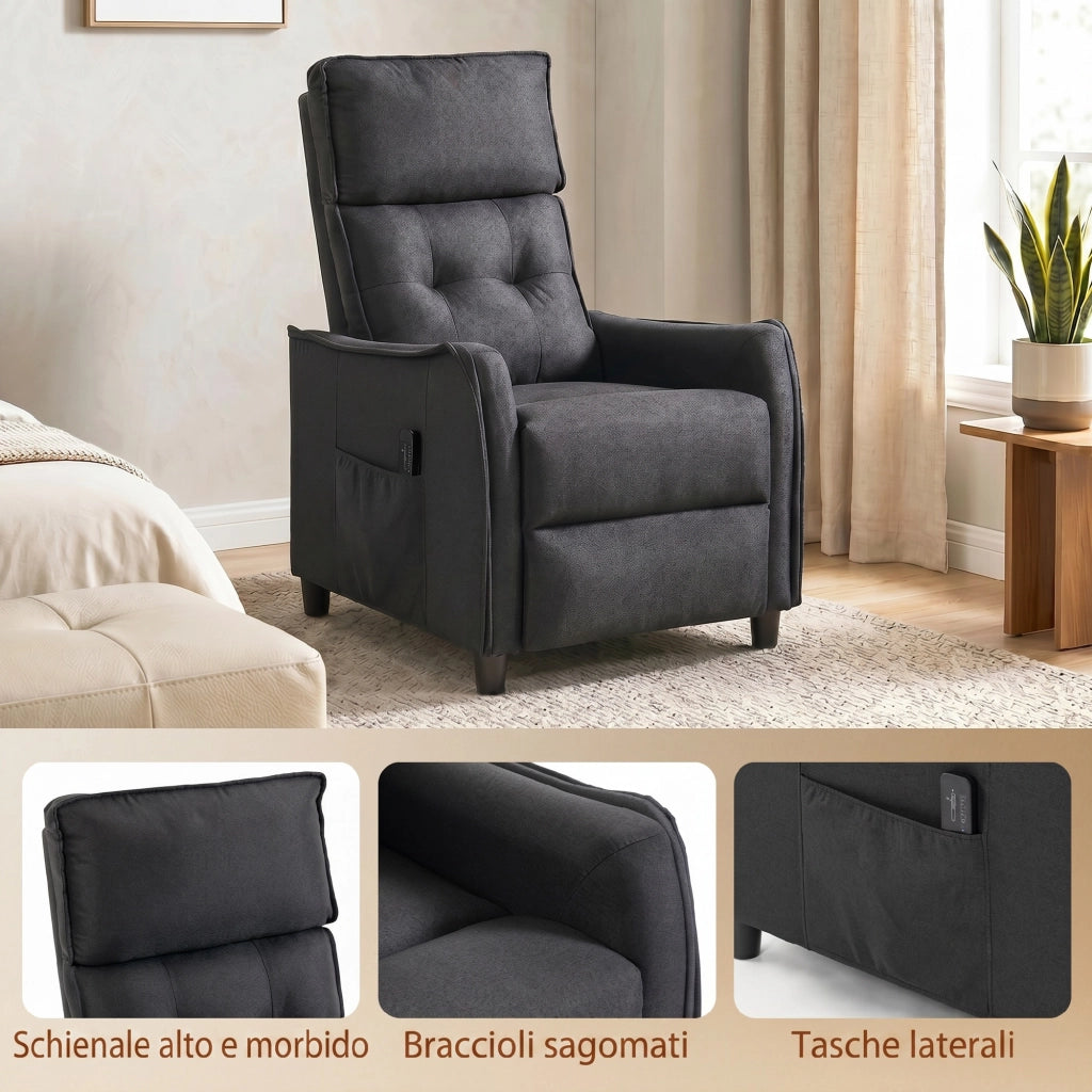 Poltrona Massaggiante  69x93x104 cm Reclinabile a 160° con Poggiapiedi e Telecomando Effetto Lino Grigio Scuro