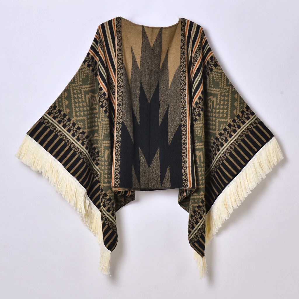 Sciarpa da viaggio da donna, stile etnico, con nappe, modello pullover, calda cappa decorativa da esterno in jacquard