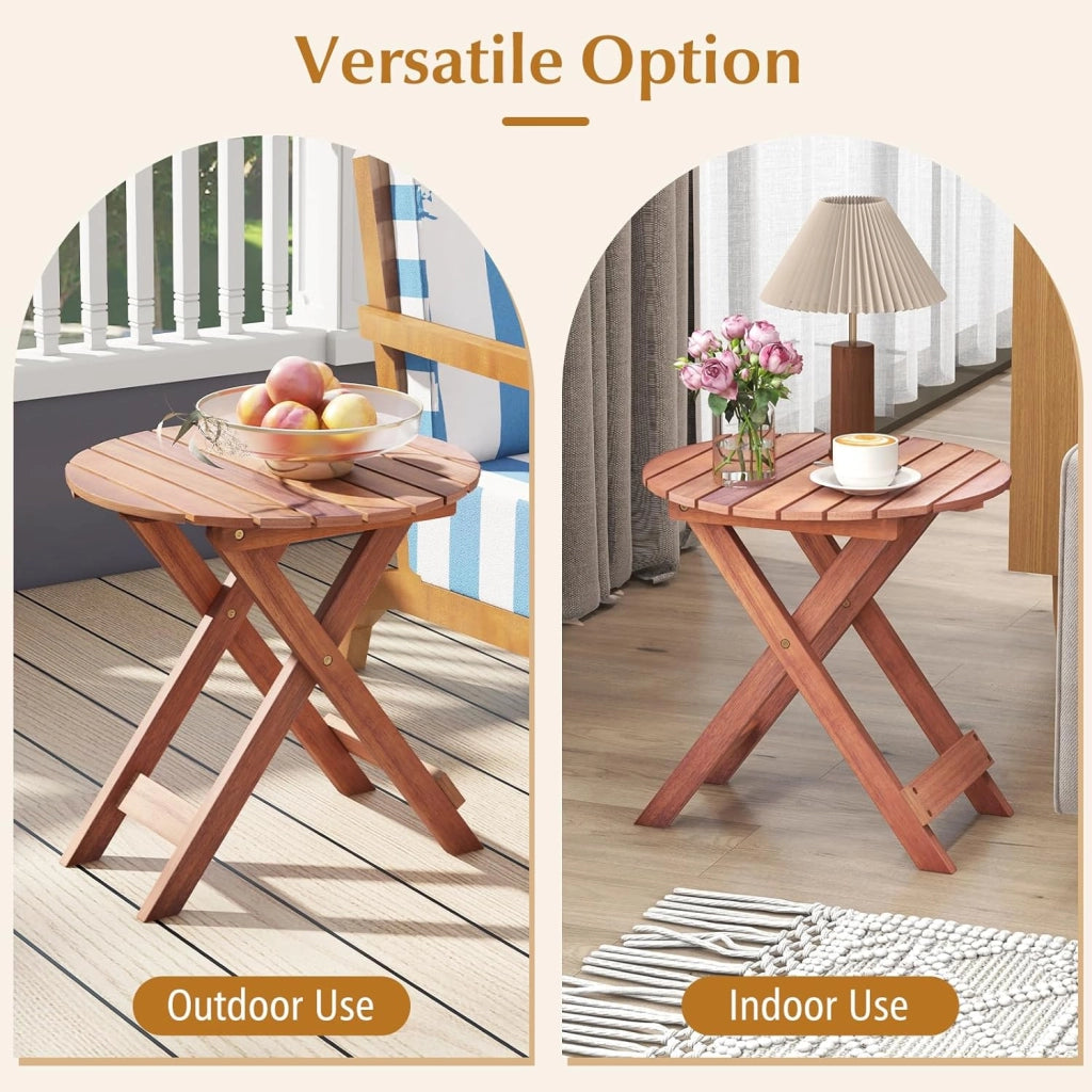 Tavolino in legno di acacia con piano rotondo, punta del divano robusta con gambe incrociate a forma di X, adatto per soggiorno, camera da letto, balcone, esterno, naturale (46 x 45)
