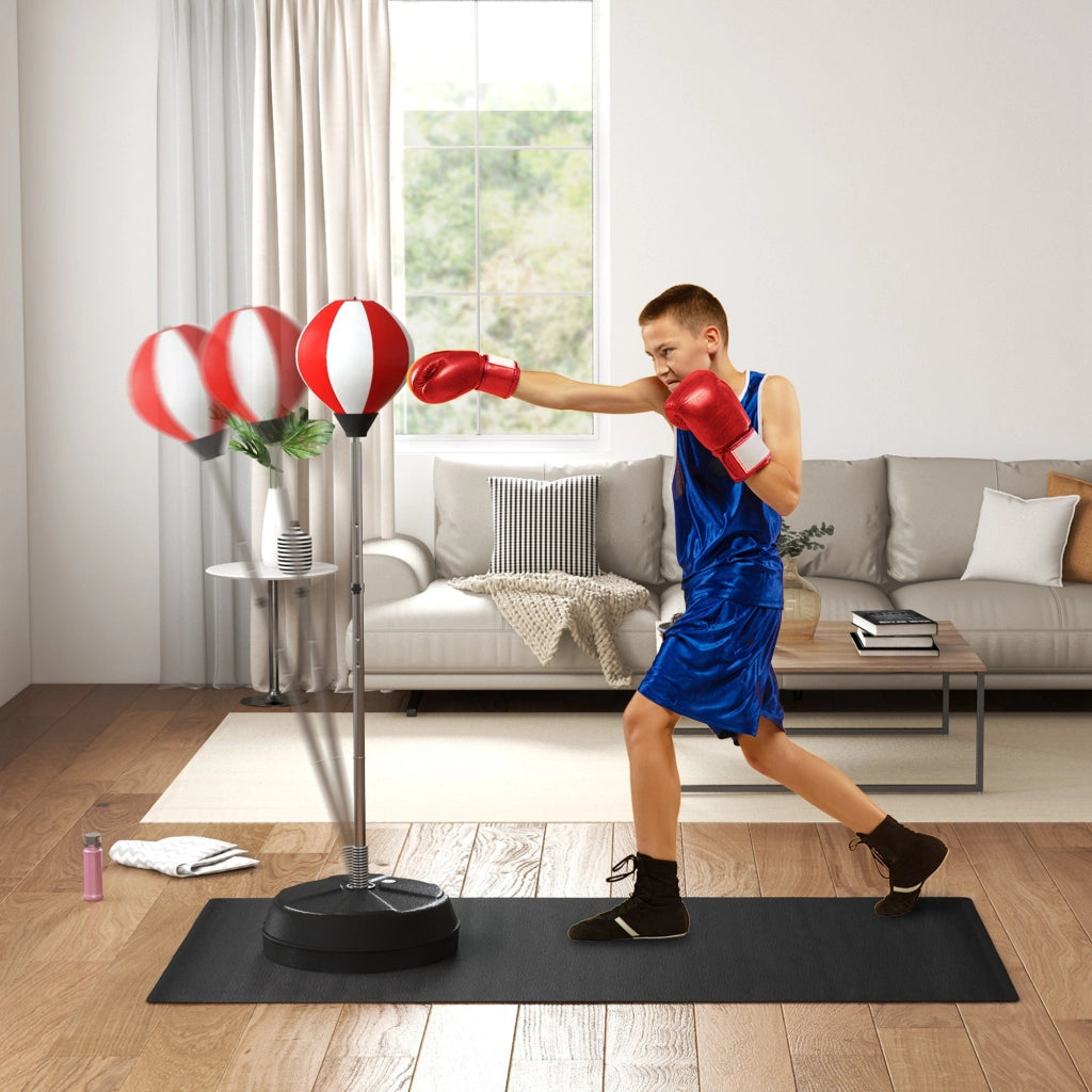 Punching Ball da Terra ad Altezza Regolabile 126-144 cm con Guantoni e Base Riempibile Rosso e Bianco