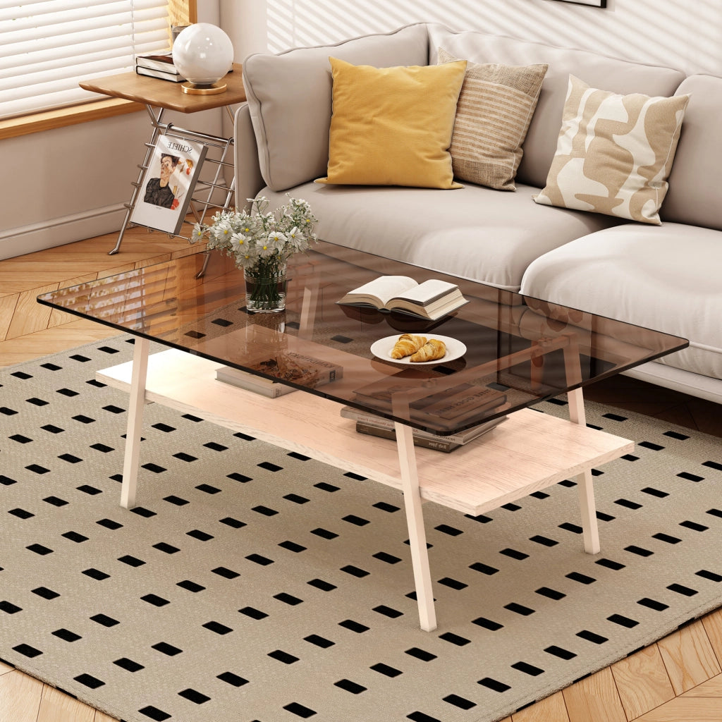 Tavolino da salotto moderno con vetro temperato marrone e base MDF bianca