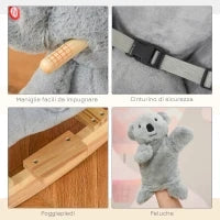 Cavallo a Dondolo Koala in Peluche Imbottita con Suoni, Cintura di sicurezza e Base in Legno, 60x33x50cm, Grigio