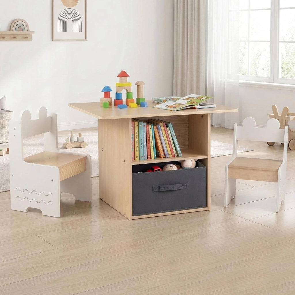Set di Tavolo e 2 Sedie per Bambini 3+ Anni, Tavolo e 2 Sedie in Legno con Scomparti Doppio Lato e Cassetto Pieghevole in Tessuto, Ideale per Leggere, Giocare per Cameretta Bambini (Bianco)