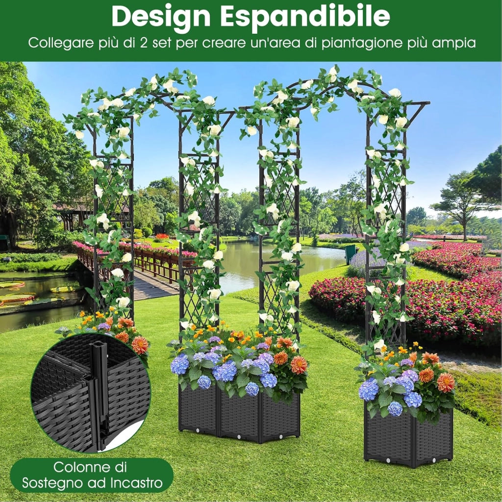 Arco da Giardino con 2 Fioriere Auto-irriganti e Ruote, Supporto per Piante in Metallo Rivestita PE Antiruggine, Grande Arco per Viti e Rose da Matrimonio all'Aperto (Grigio)