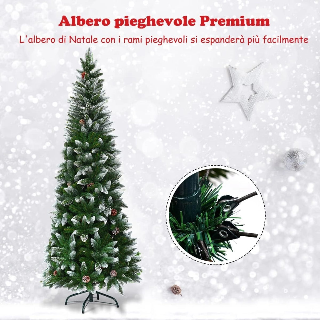Albero di Natale Innevato 220 cm, Albero di Natale Slim con Pigne, Base di Metallo e Rami Rigogliosi in PVC, Albero di Natale per Casa, Ufficio e Negozio (220 cm)
