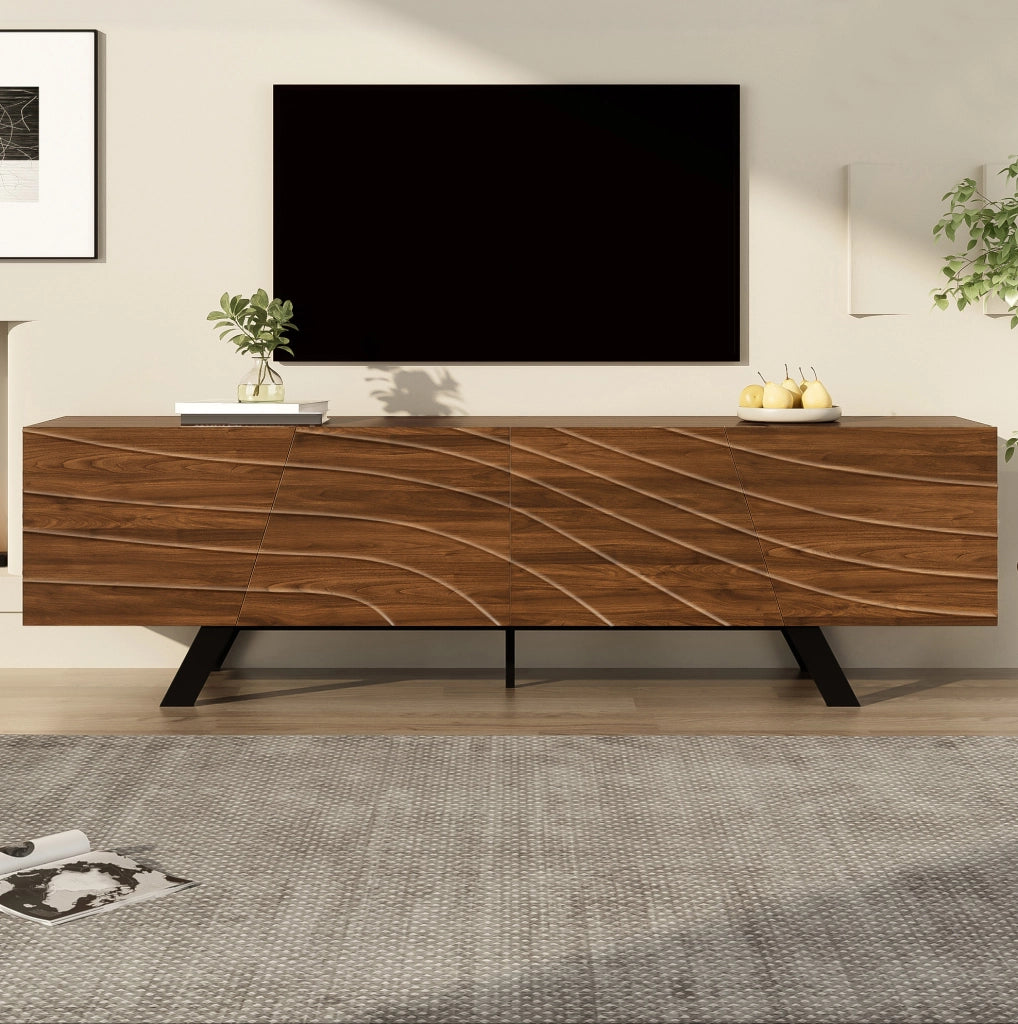 Mobile TV 160x39x50;5 cm con frontale ondulato; passacavi e gambe in ferro; noce